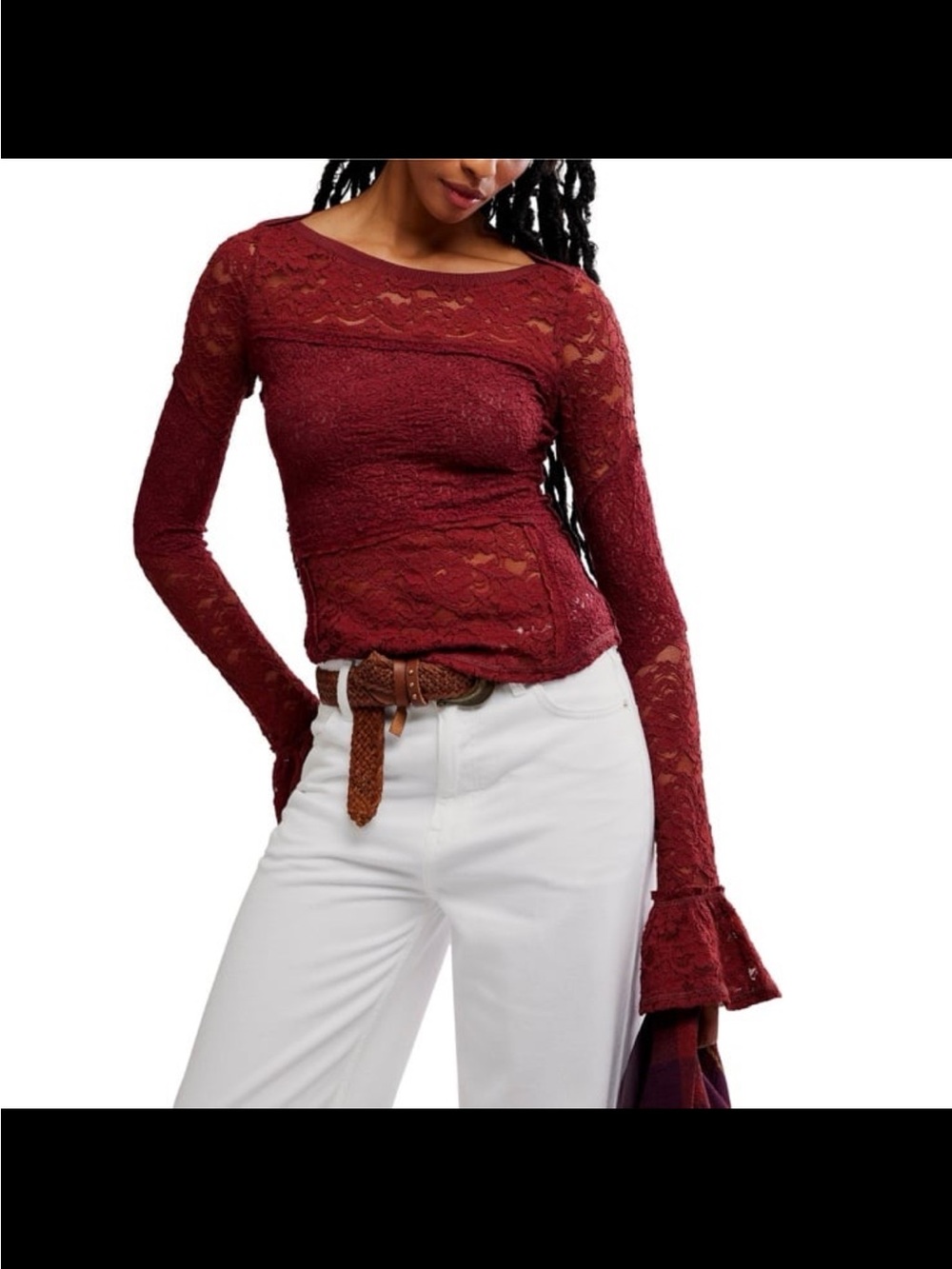 Free People Burgundy Lace Long-Sleeve Boatneck Top lace sheer